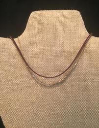 Burgundry leather choker with grey beads //260